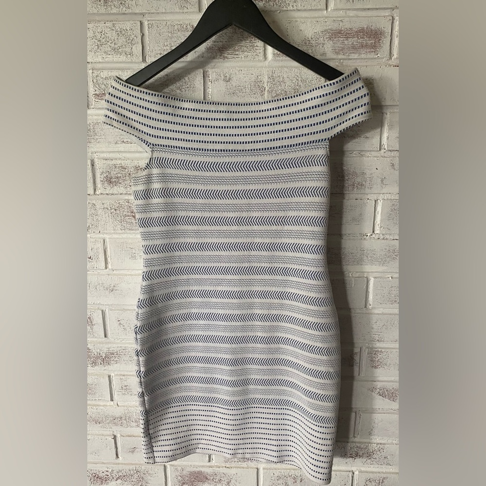 Shoshanna White and Navy One-Shoulder Striped Sheath Dress